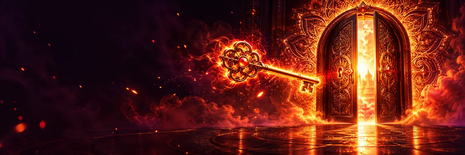 Fireball belépés – lángoló kapu és kulcs, illusztráció